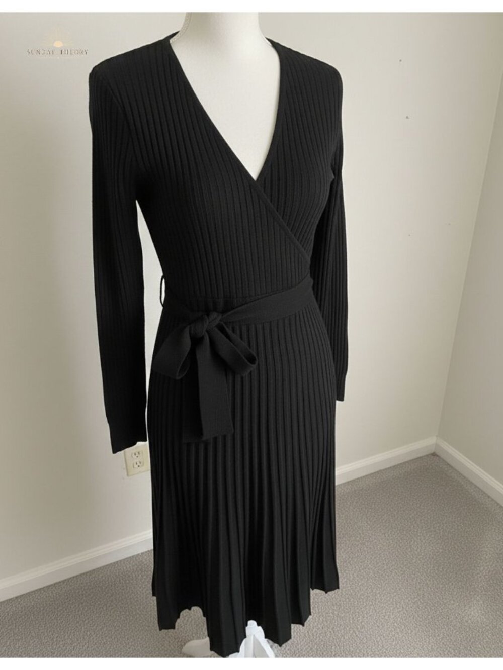 Women's Long Sleeve Wrap Midi Sweater Dress Ribbed Knit Belted
